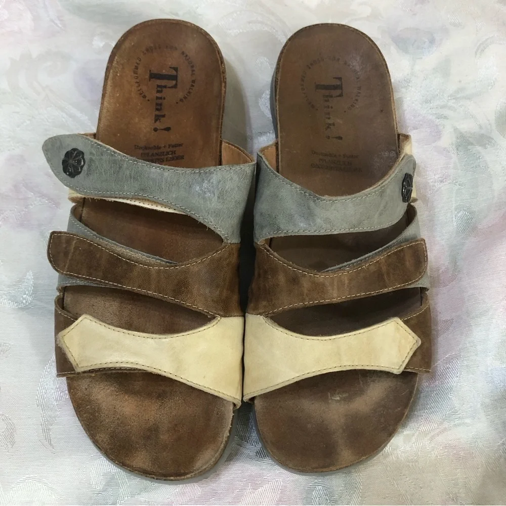 Think! Leather Mitzi Adjustable Footbed Slide Wedge Sandals size 9
